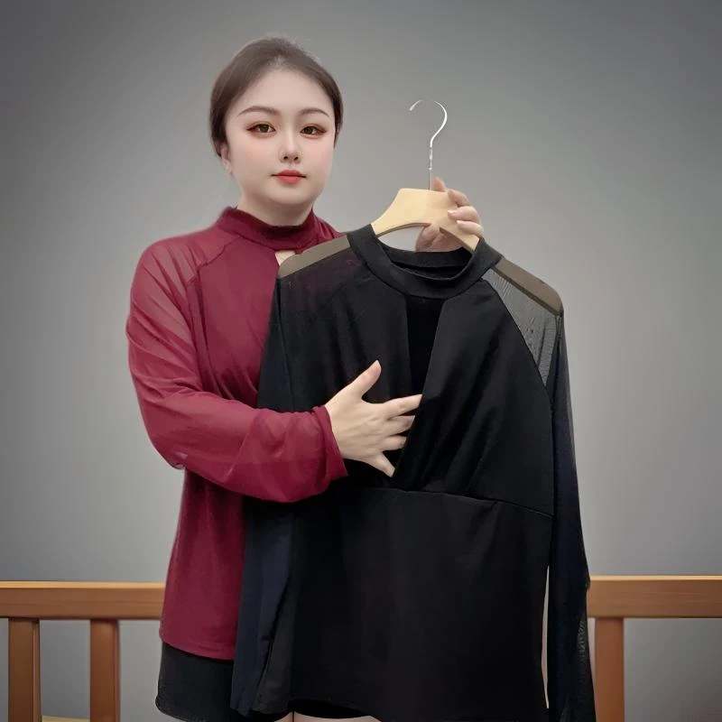 2025春装新款网纱打底衫修身女内搭时尚立领长袖上衣t恤洋气小衫