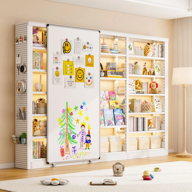 钢制图书馆书架白板门绘本收纳架家用儿童防尘书柜靠墙一体储物架