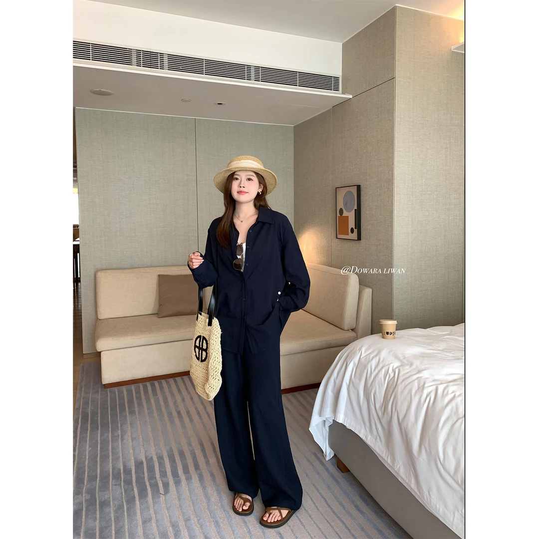 现货大婉酱微胖定制纸片人舒适藏青色套装春季新款衬衫+长裤7580D