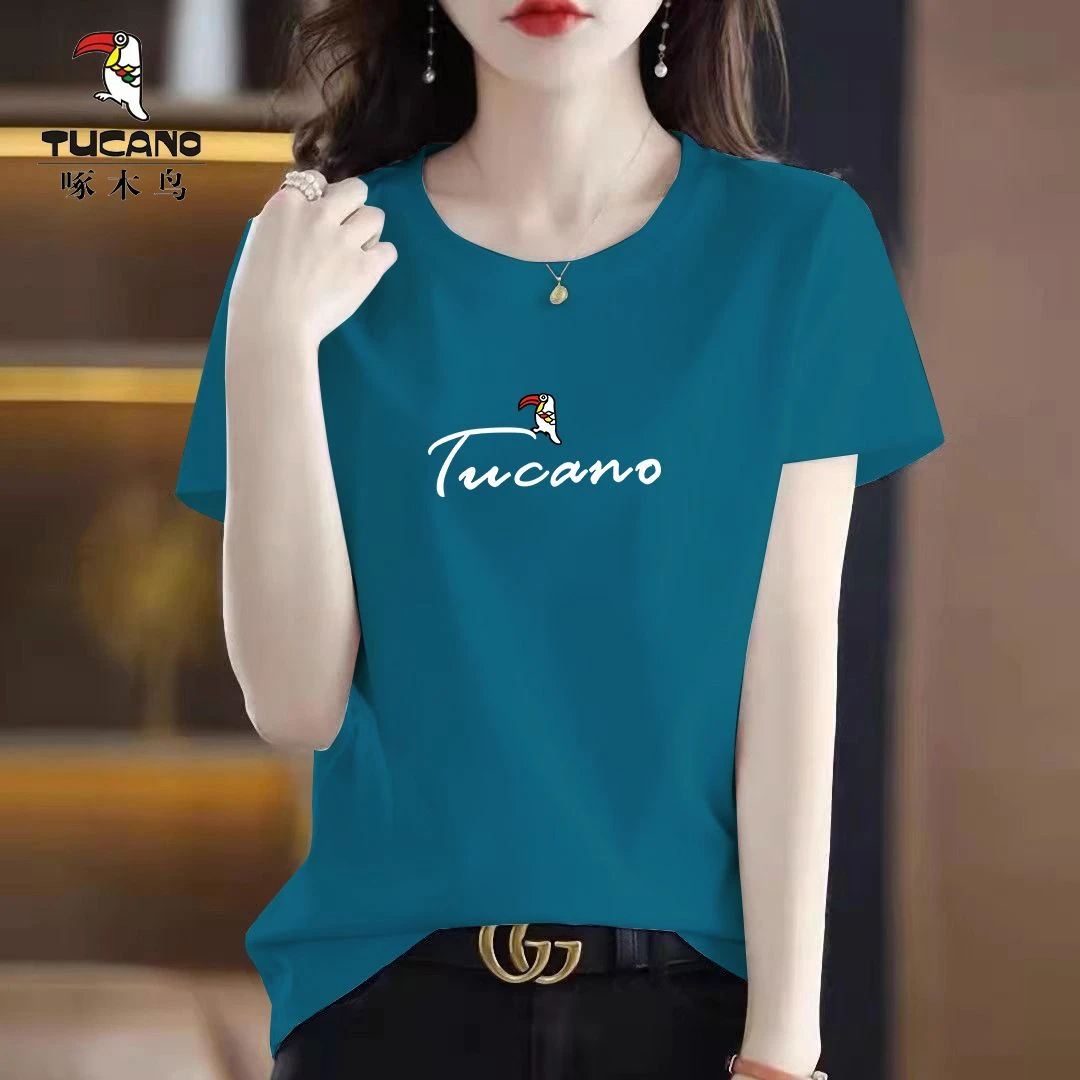 夏季新款啄木鸟正品2025年时尚短袖t恤女圆领大码百搭印花上衣潮