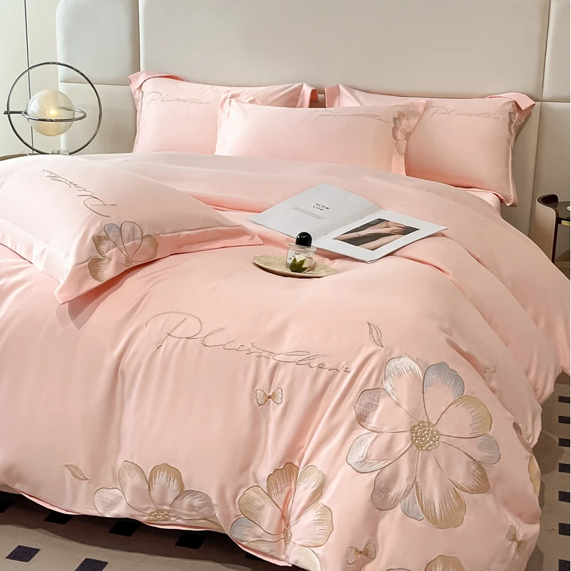 水星家纺纯棉被套四件套全棉床单100长绒棉被罩裸睡简约床品