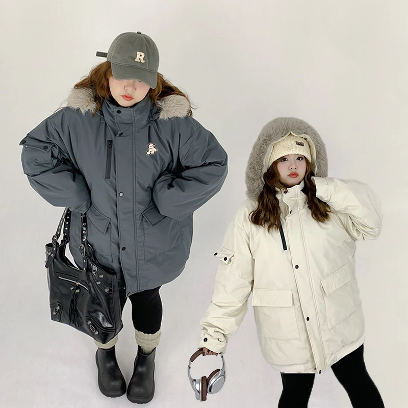 Milu家大码女装冬季BF风大毛领工装派克羽绒服宽松棉服女冬季韩系