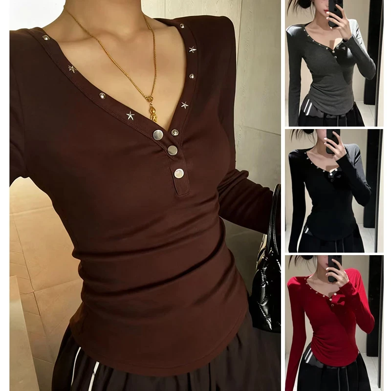 新款时尚洋气百搭V领长袖T恤女装秋冬内搭打底衫百搭修身显瘦上衣