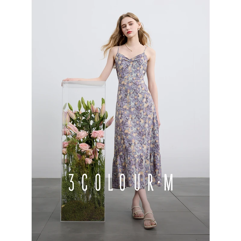 【三彩宋轶同款】2025夏季新款吊带碎花无袖法式复古连衣裙女M