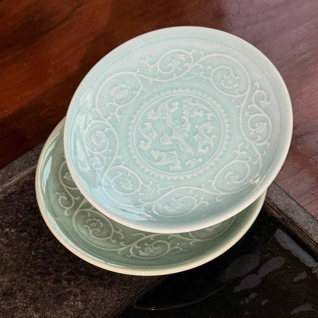 长安知己「天青花舞大唐骨碟盘茶盘2只」耀州青瓷餐具6英寸盘15.5cm