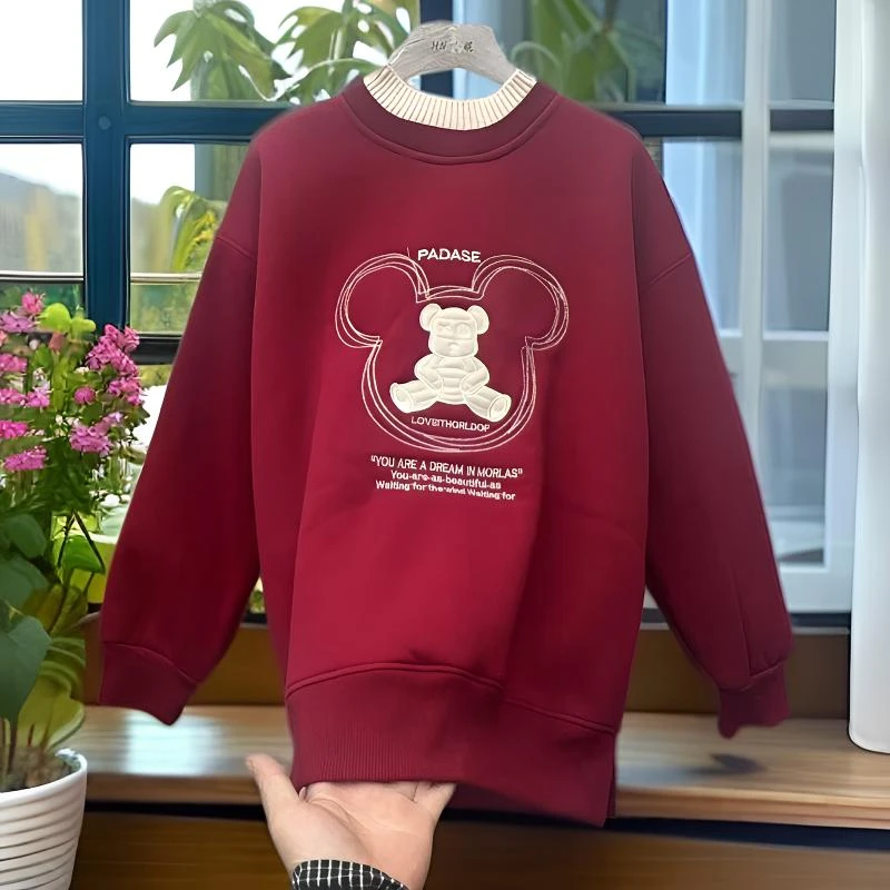 8698#【衣长68左右】秋冬圆领拼接刺绣宽松休闲加绒卫衣