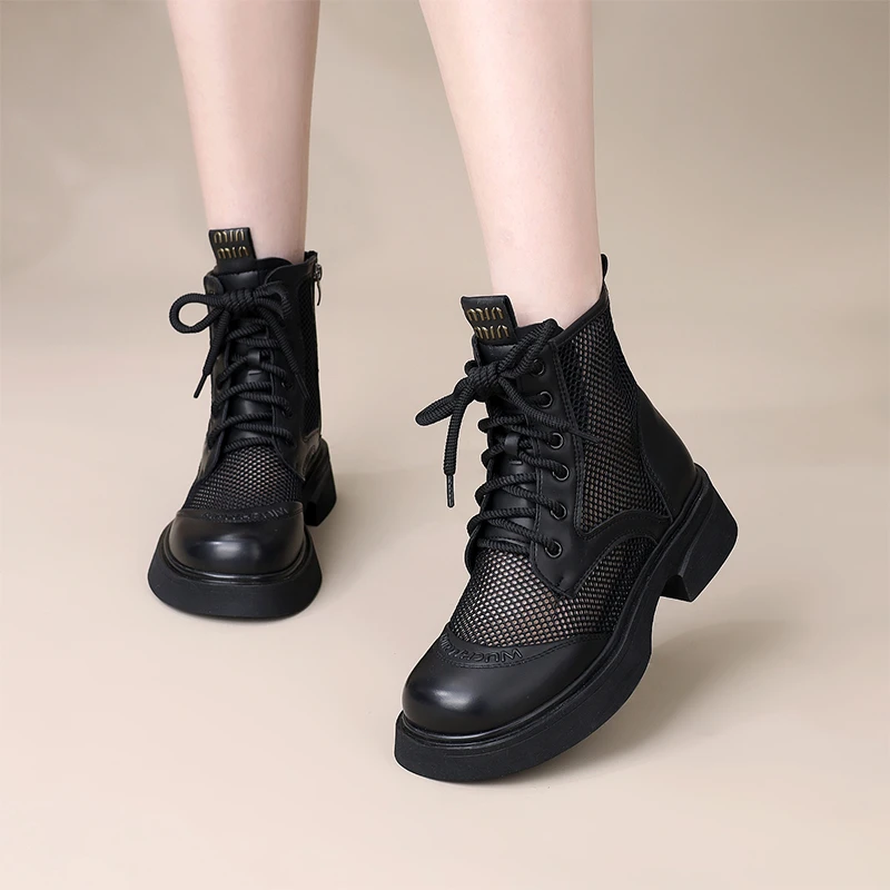 真皮厚底网纱马丁靴女2025新款春夏百搭薄款网靴镂空透气短靴凉靴