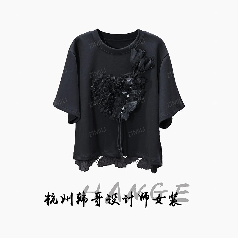 【韩哥女装】2025欧版《深邃》耀夜黑拼接蕾丝立体盘花短袖9130-B8