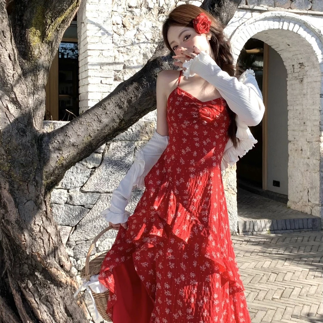 不规则长袖长裙连衣裙碎花红色裙子小飞袖红裙公主气质收腰甜美