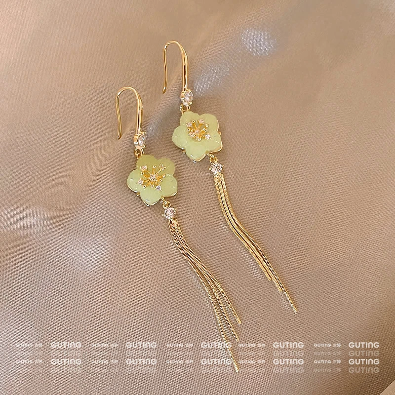 铜合金合成锆石耳饰 20374春夏清透绿色兰花耳饰优雅小清新长流苏