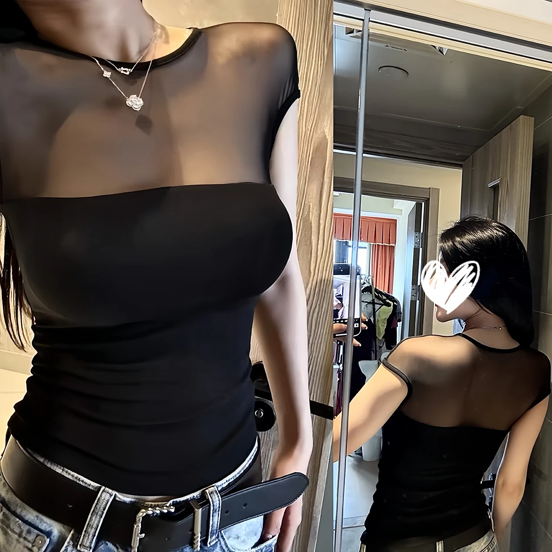 【现货！！！】早秋新款网纱拼接圆领无袖显瘦性感带胸垫辣妹风上衣