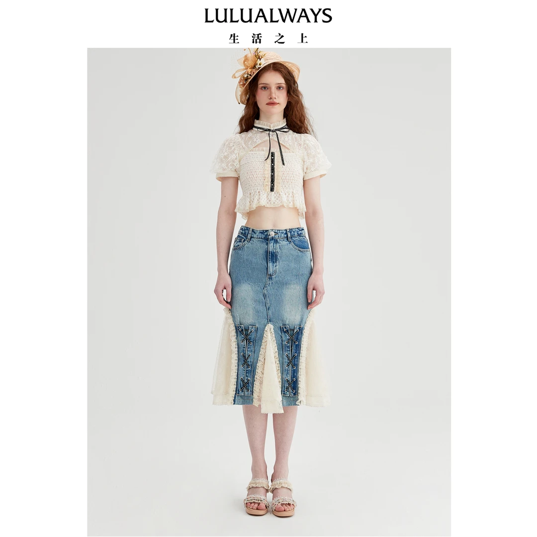 LULUALWAYS【商场同款】25夏季新款法式优雅蕾丝蝴蝶结显瘦上衣女