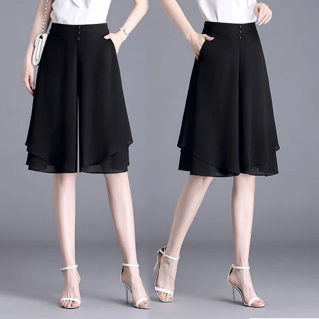 雪纺阔腿裤女春夏款高腰宽松垂感双层防走光裙外穿五分裤薄款短裤