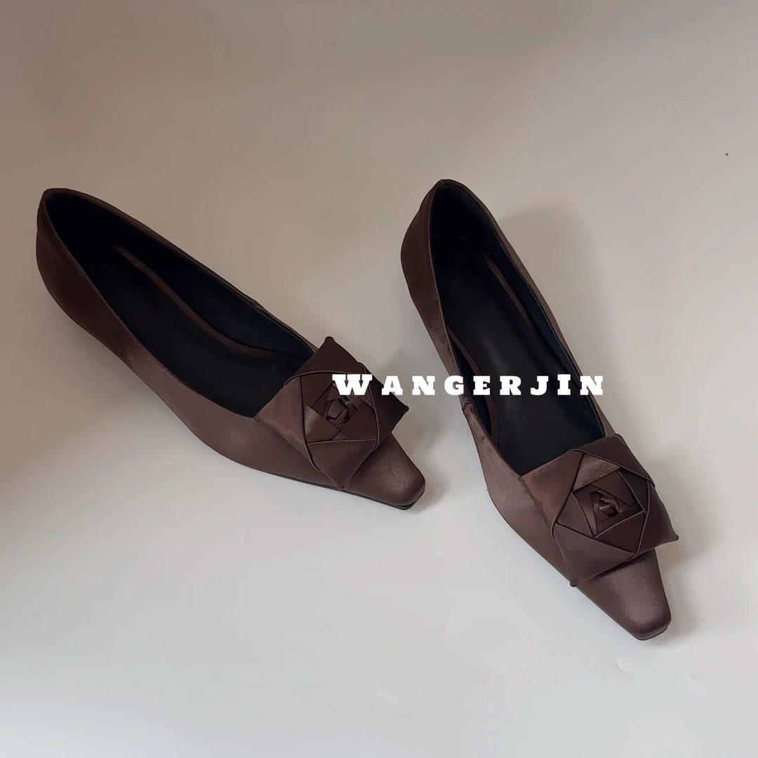 【王二今】桑蚕丝/3.5CM/法式花朵粗跟小方头气质玛丽珍浅口单鞋女