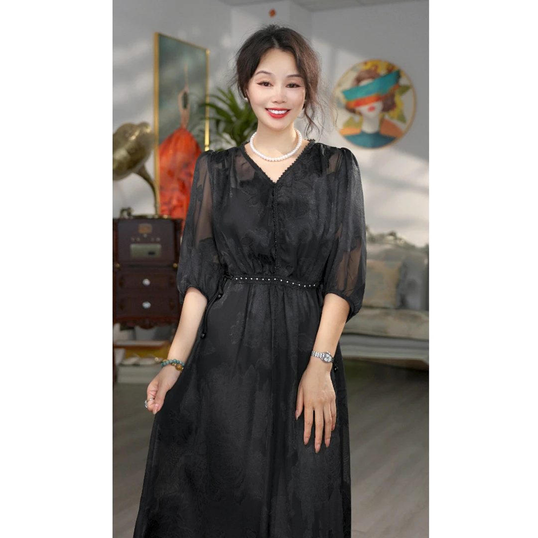 无印心匠D25598-1女装高腰拼接夏季七分袖蕾丝碎花连衣裙法式K231