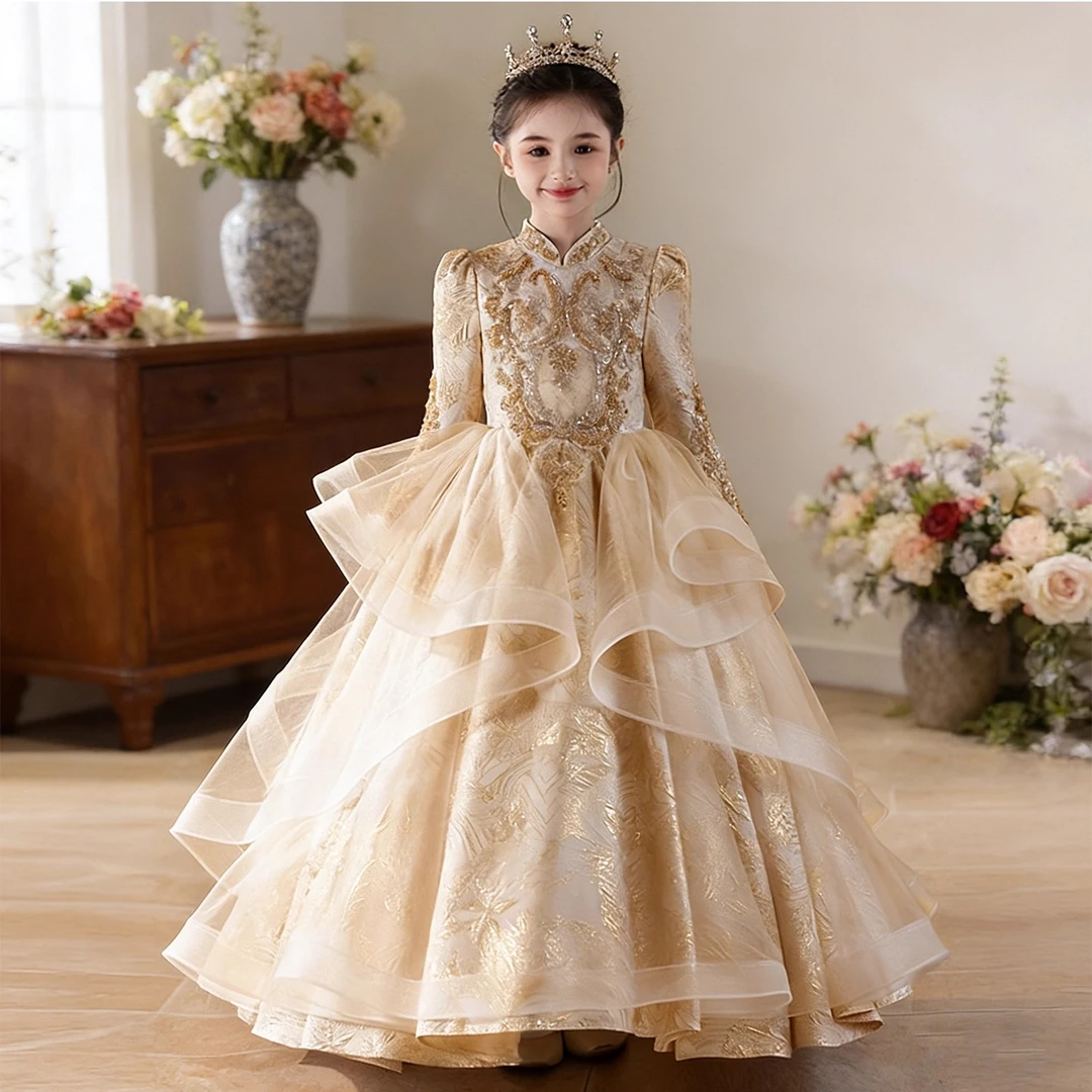 长袖女童礼服裙冬季高端中式蓬蓬裙生日公主裙主持钢琴演奏演出服