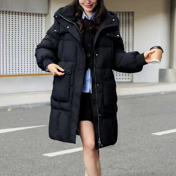 25135新款时尚宽松高品质百搭连帽中长款90白鸭绒羽绒服外套