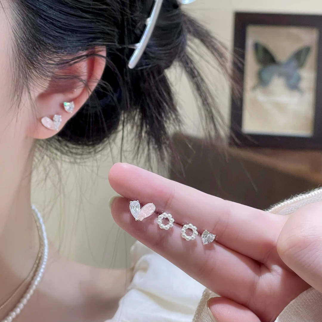 F375爱心珠珠圈圈耳钉六件套温柔小众百搭时尚轻奢