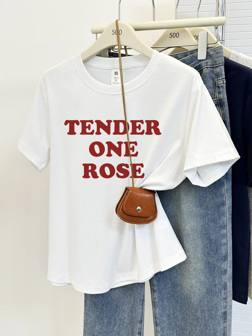 大码女装字母印花圆领短袖T恤女夏季韩版休闲时尚大码正肩上衣ins