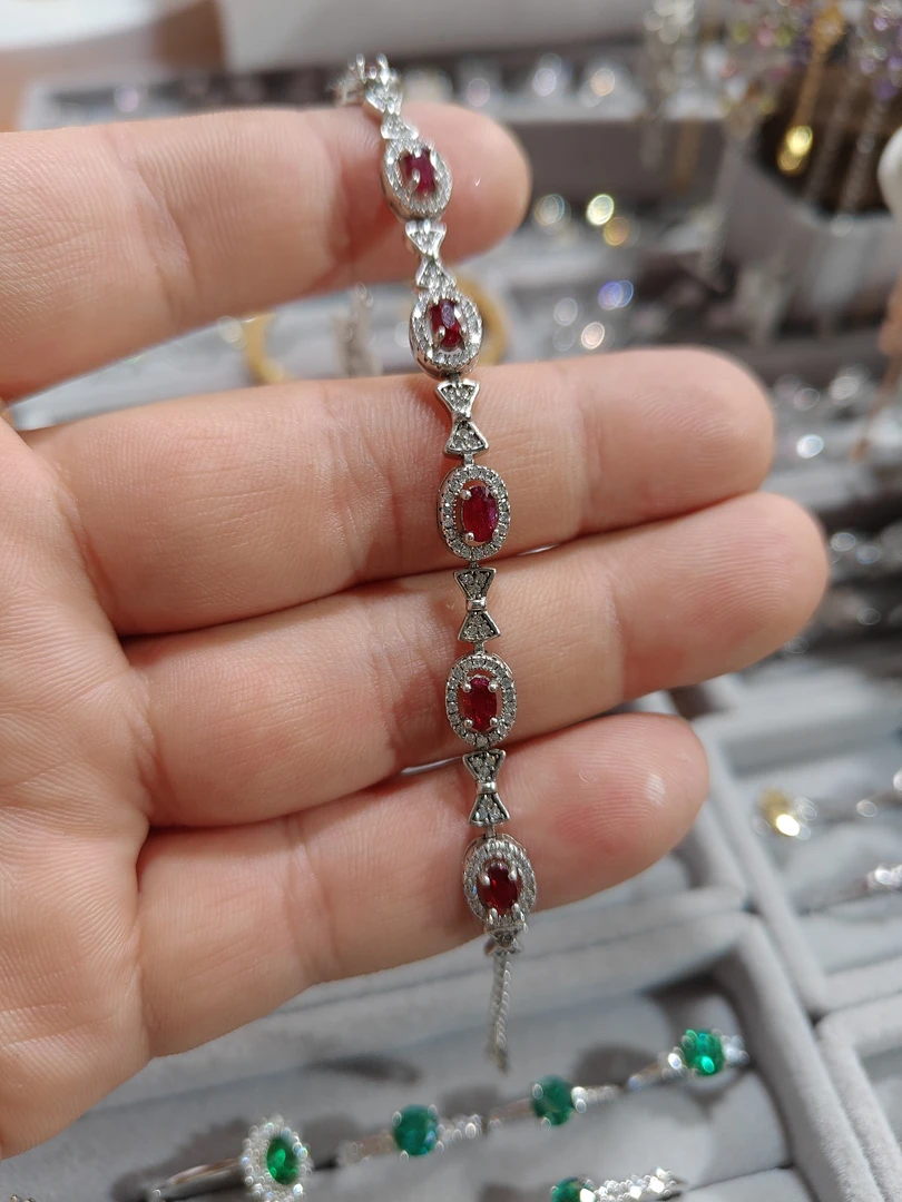 925银合成锆石手链 银手链镶嵌宝石红色