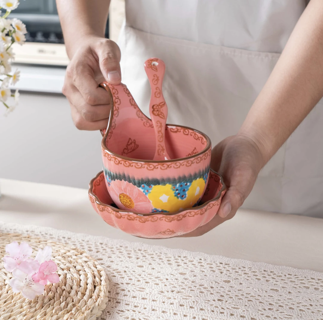 【初下厨】手绘釉下彩-樱花雪月陶瓷曲把杯早餐杯牛奶杯水杯勺子
