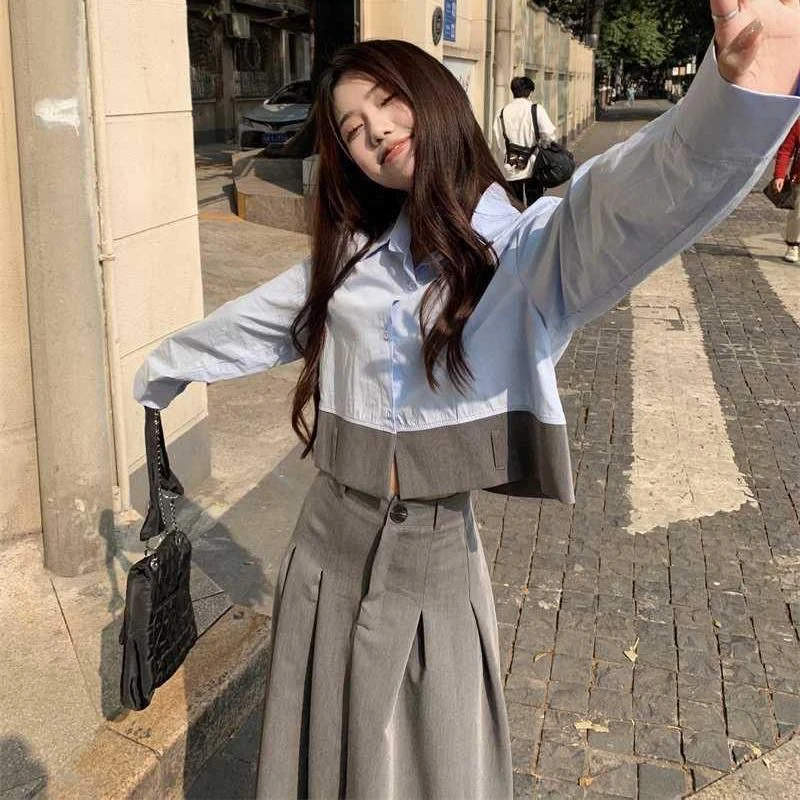 秋季套装女拼接立领衬衫高腰西装褶皱高级感两件套半身裙子小洋装