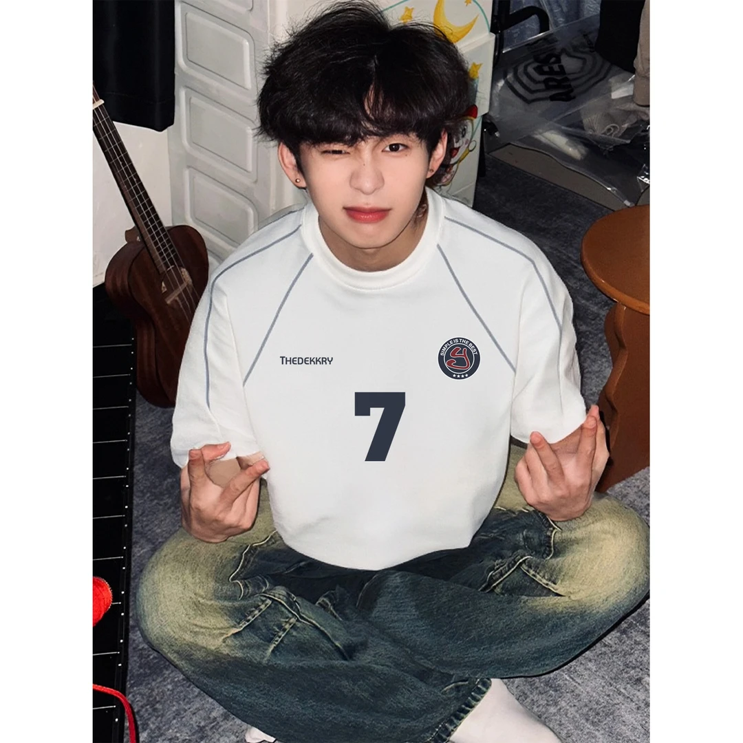 100%纯棉美式潮牌字母数字印花拼接短袖T恤男女夏季休闲情侣上衣