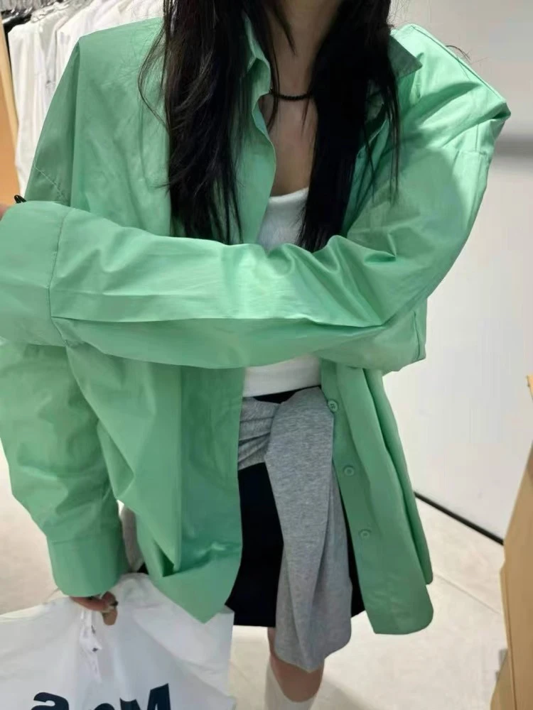 夏季韩版宽松显瘦百搭垫肩休闲透气防晒纯色长袖衬衫女休闲中长款