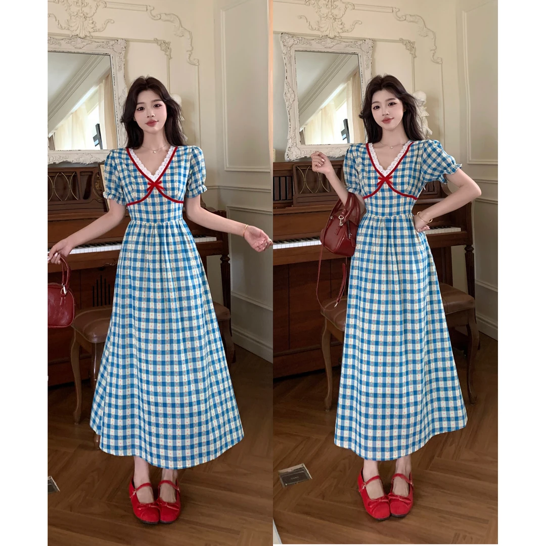 大码法式复古格子连衣裙女夏季胖mm蕾丝拼接气质收腰显瘦减龄长裙