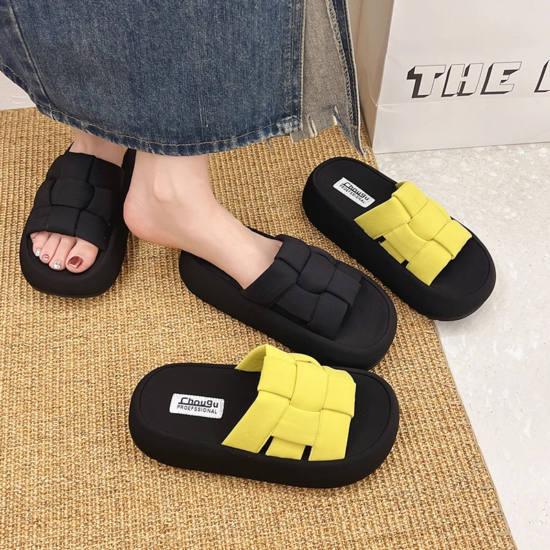 厚底外穿一字拖鞋女2025夏季新款时尚复古编织百搭一脚蹬沙滩拖鞋