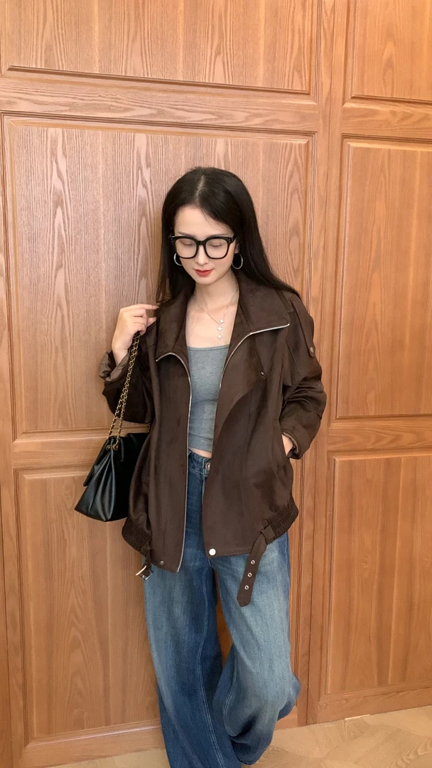 杨树林同款2025秋冬新款女气质翻领短外套网红海宁皮衣皮反绒外套