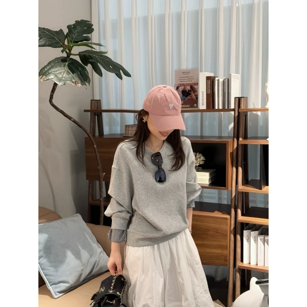 【休闲日记-卫衣】MEGANLE 宽松慵懒拼接圆领长袖卫衣2024412