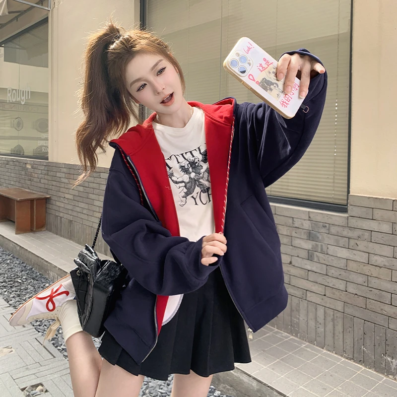 美式复古休闲百搭甜酷减龄上衣女秋季新款少女风连帽撞色卫衣外套