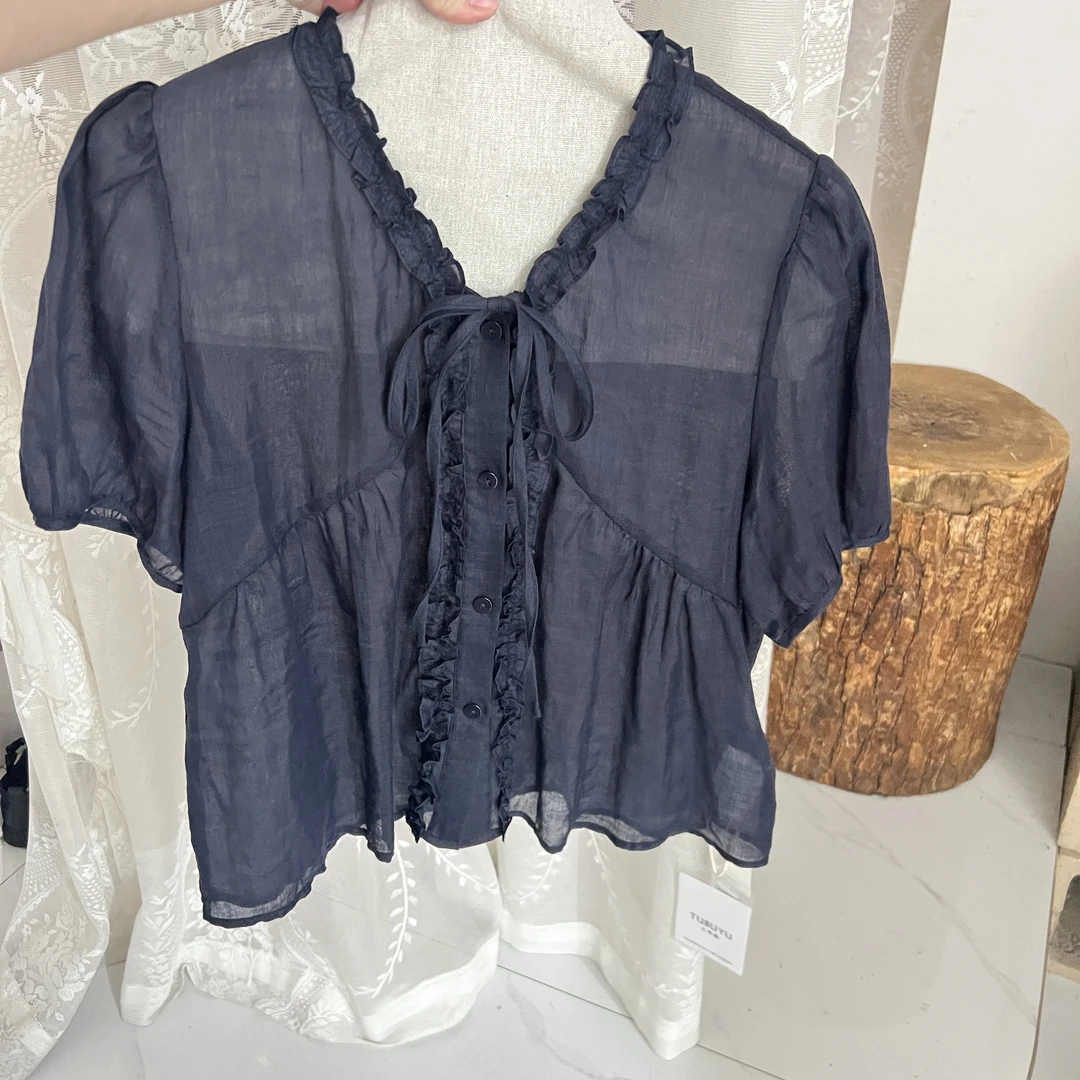 【喜】木耳边新款百搭宽松显瘦V领短袖上衣