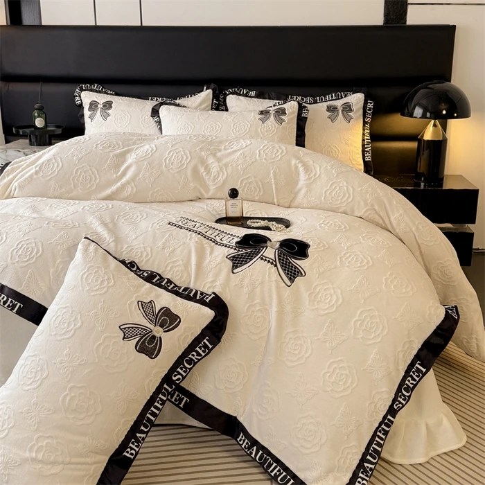 立体雕花四件套牛奶绒轻奢加厚床单保暖被套秋冬加绒刺绣床上用品