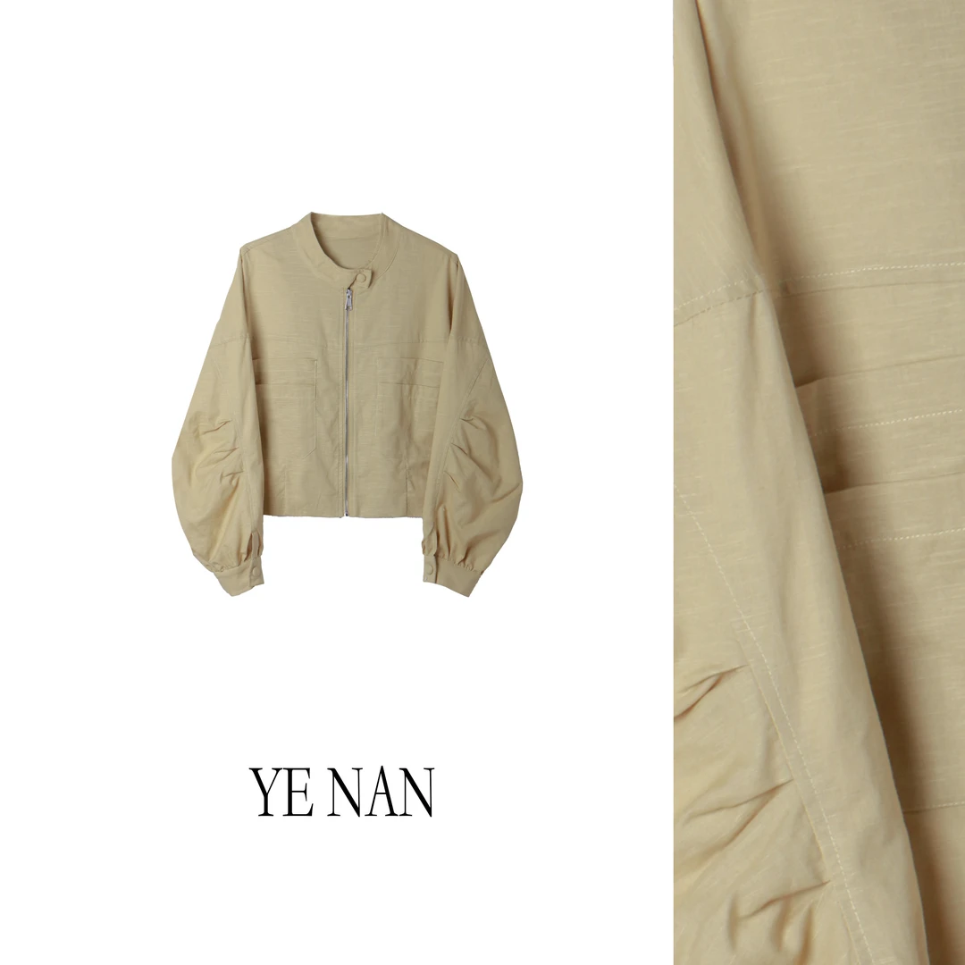 女装2025春季新款时尚立领双口袋袖褶皱拉链外套SY291