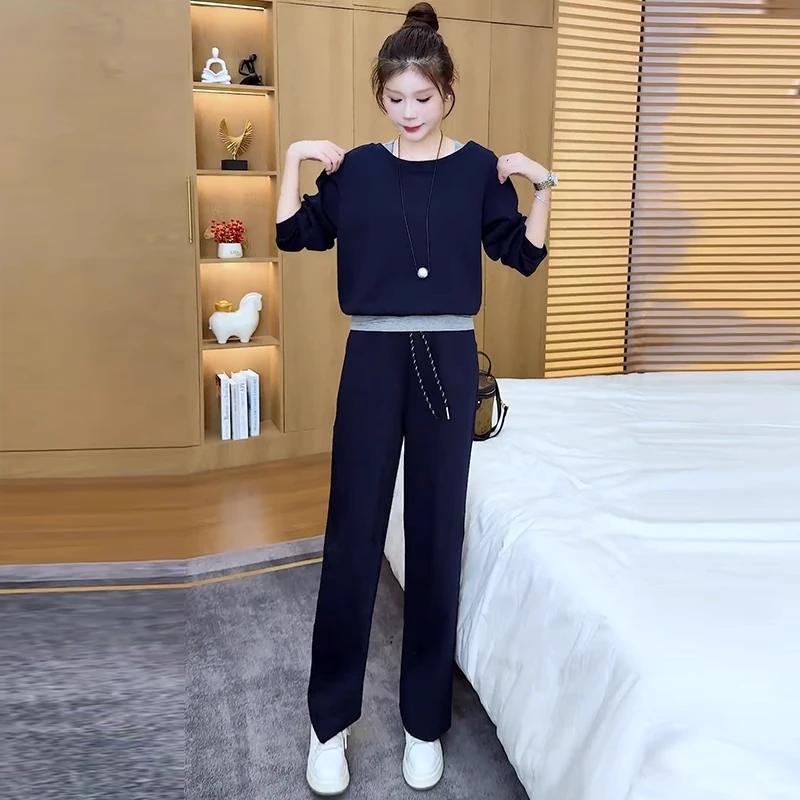 时尚套装女2025秋季新款洋气质假两件拼接卫衣宽松显瘦休闲两件套