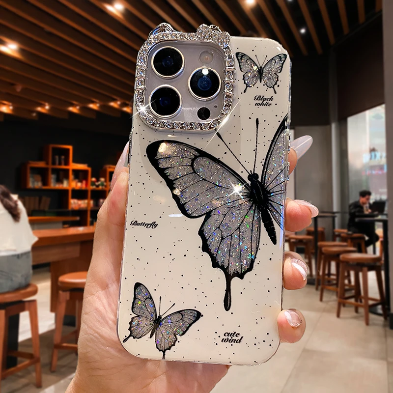奢华闪粉蝴蝶适用苹果16promax手机壳高级感女新款15镜头全包防摔