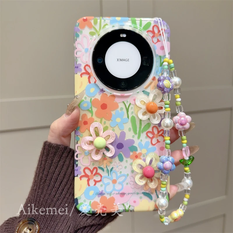 适用华为mate70pro+手机壳小清新彩色mate60pro+油画涂鸦立体花朵