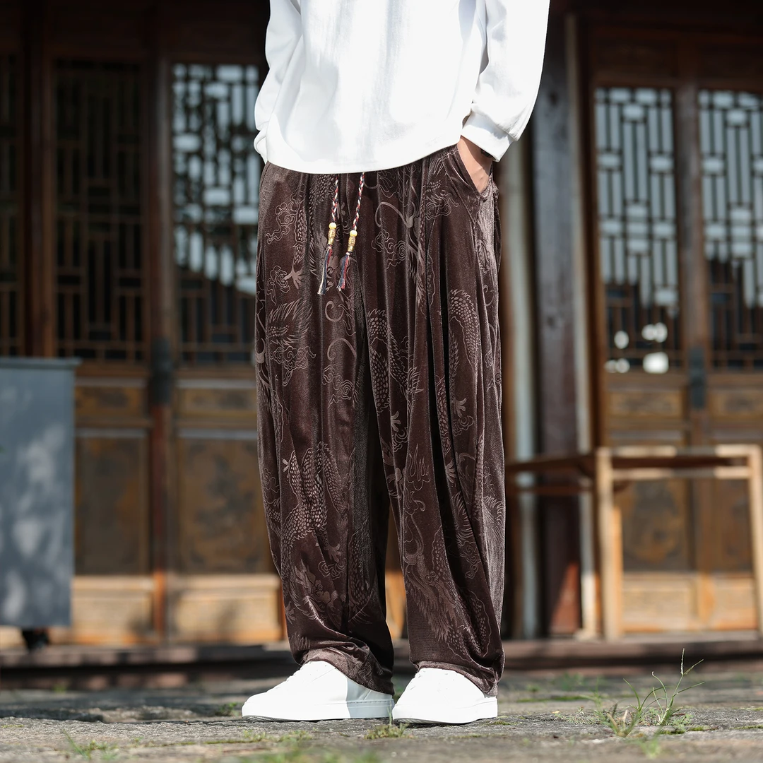 中国风男装阔腿裤秋冬季金丝绒宽松垂感直筒长裤加大码宽松哈伦裤