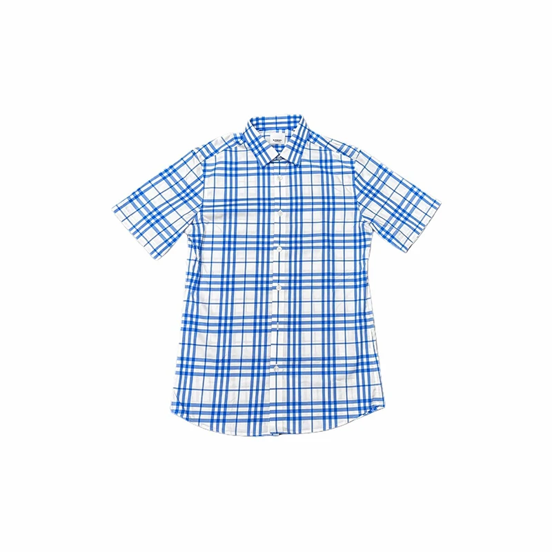 Burberry/博柏利蓝色白色棉质格纹印花短袖衬衫80846931