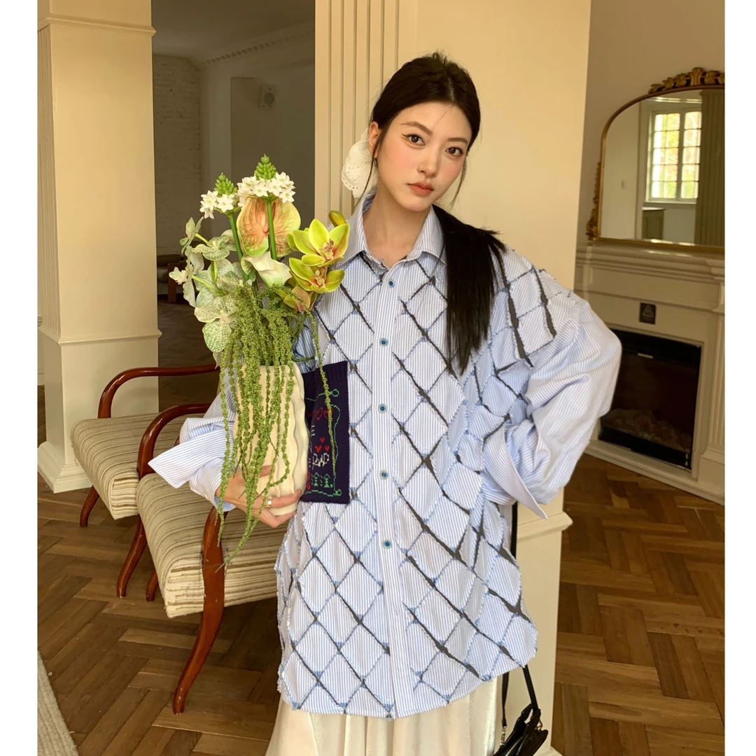 YANAG 杨淦 25SS春夏新款 菱形切割拼接条纹衬衫
