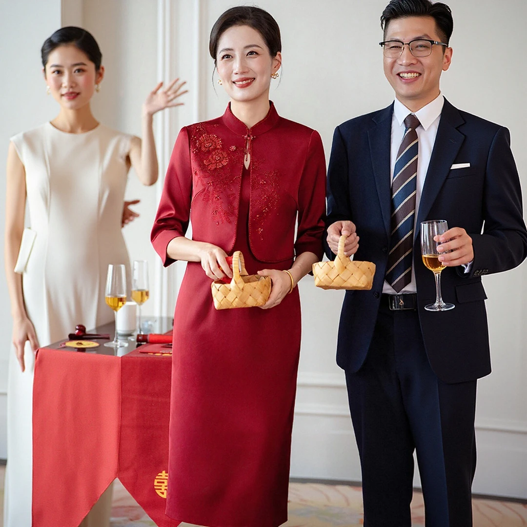 年轻妈妈装假两件连衣裙妈妈衣服高级感婚礼喜婆婆婚宴礼服秋装