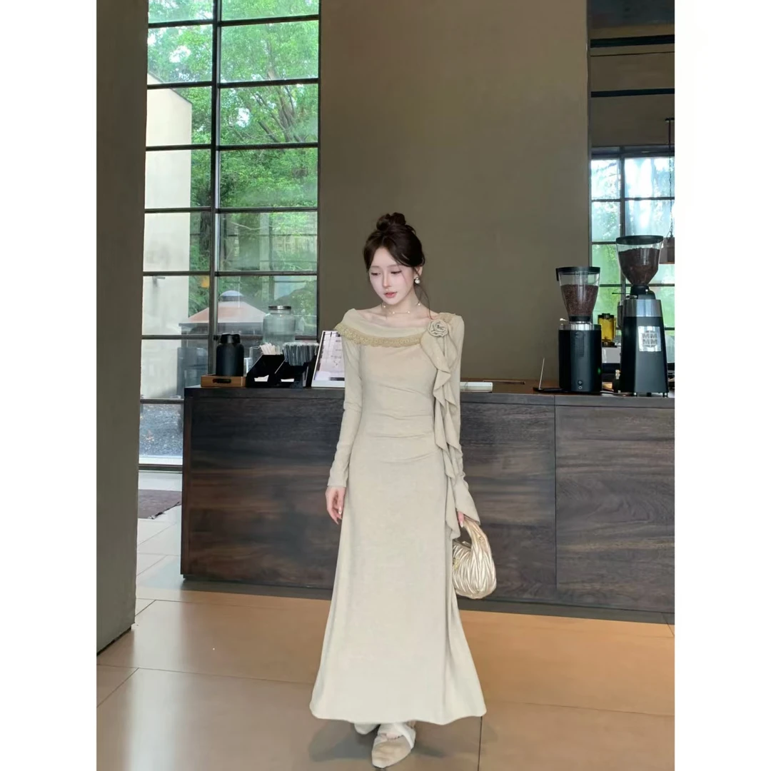 【运补5米】 2025【木耳花裙】小个子气质斜肩木耳飘带显瘦收腰连衣裙