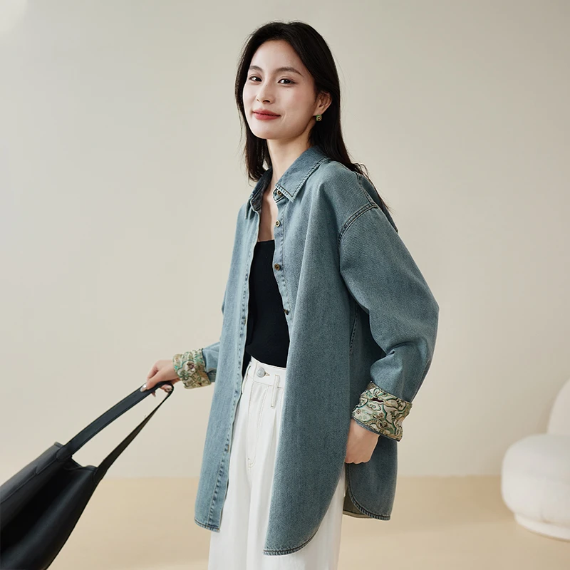 索菲丝尔2025春季拼接印花牛仔衬衫时尚显瘦洋气衬衣长袖女513032