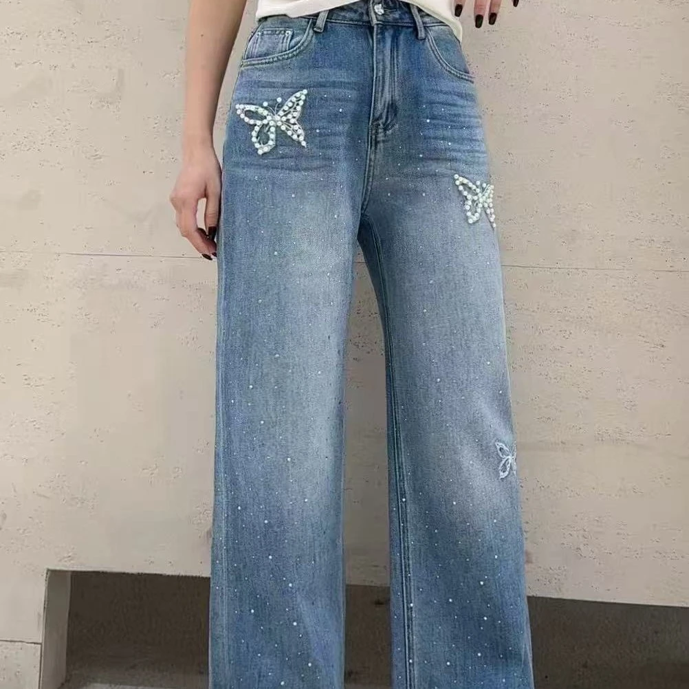 罗曼施 82502# 浅蓝印花烫钻高腰阔腿显瘦直筒长裤