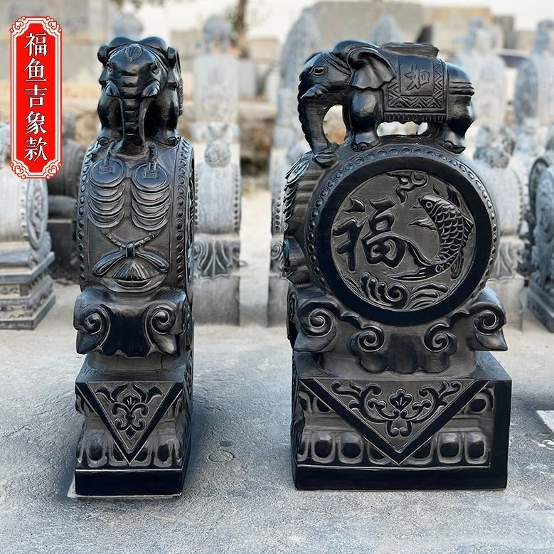 天然青石仿古门墩铜钱小象抱鼓石酒店别墅庭院装饰抱鼓石门口摆件