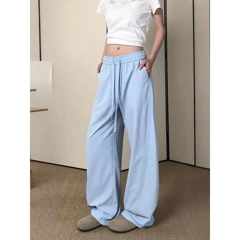 天蓝色冰丝裤子女夏季薄款垂坠感弯刀裤宽松直筒速干裤阔腿休闲裤