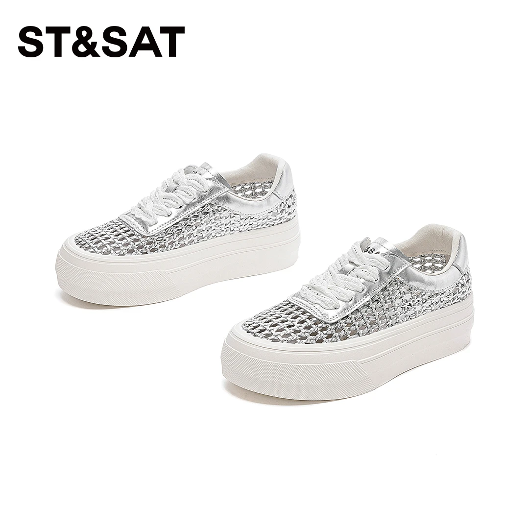 St&Sat/星期六2025年新款休闲鞋薄款中跟百搭森系圆头编织女鞋