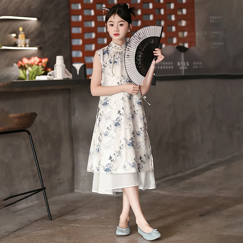 女童夏季汉服2025新款中大童时髦中式国风女孩旗袍裙水墨画连衣裙